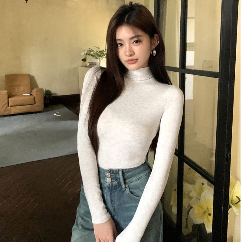 여성 슬림핏 긴팔 모달 스판 골지 하이넥 폴라티 베이직 데일리 오피스룩 이너 웨어 부드러운 신축성 티셔츠 봄 가을 - 메인 이미지