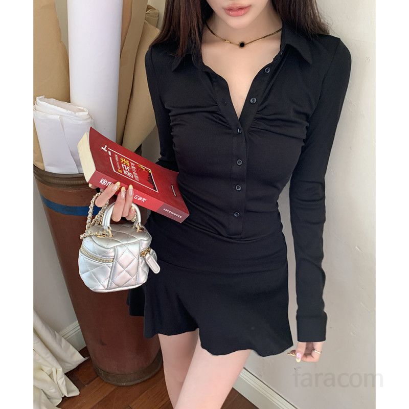 여성 셔츠카라 긴팔 셔링 허리 슬림 X라인 미니 원피스 플레어 하이웨스트 데일리 데이트룩 오피스룩 봄 가을 - 상세 이미지 3