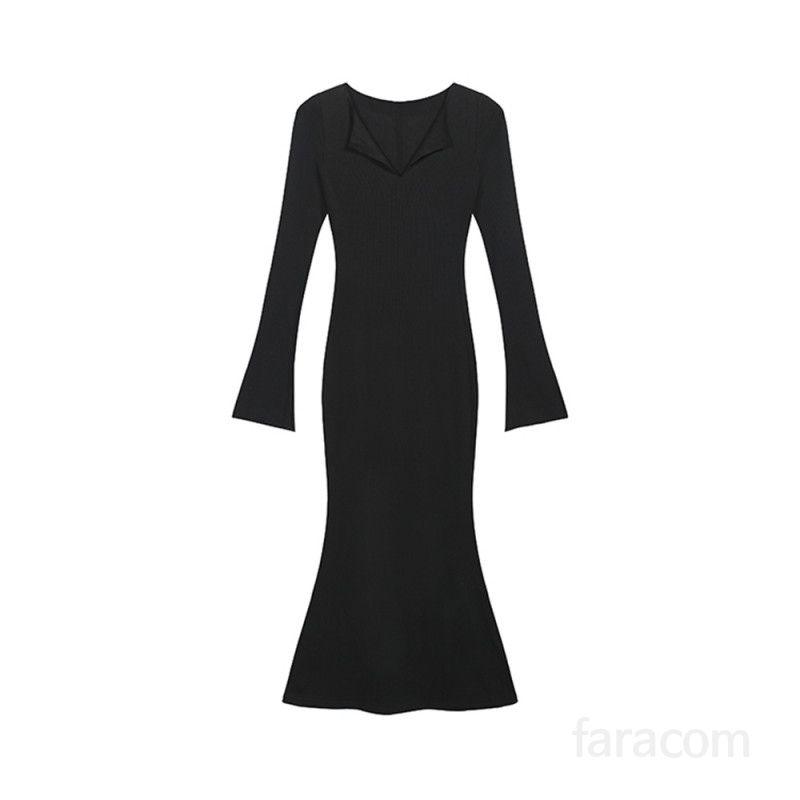 여성 브이넥 긴팔 롱 원피스 슬림핏 바디라인 골지 하이웨이스트 데일리 시티워크룩 페미닌 모던 우아한 봄 가을 - 상세 이미지 5