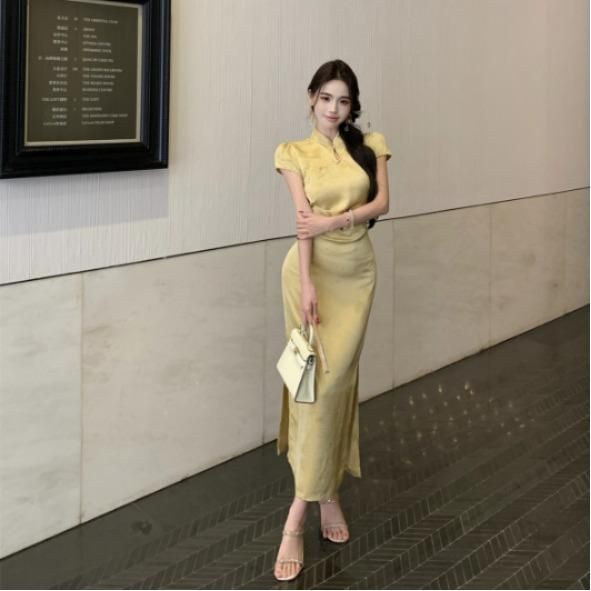 여성 우아한 신중식 새틴 치파오 A라인 반팔 롱 원피스 자카드 문양 하객룩 오피스룩 봄 여름 - 상품 이미지