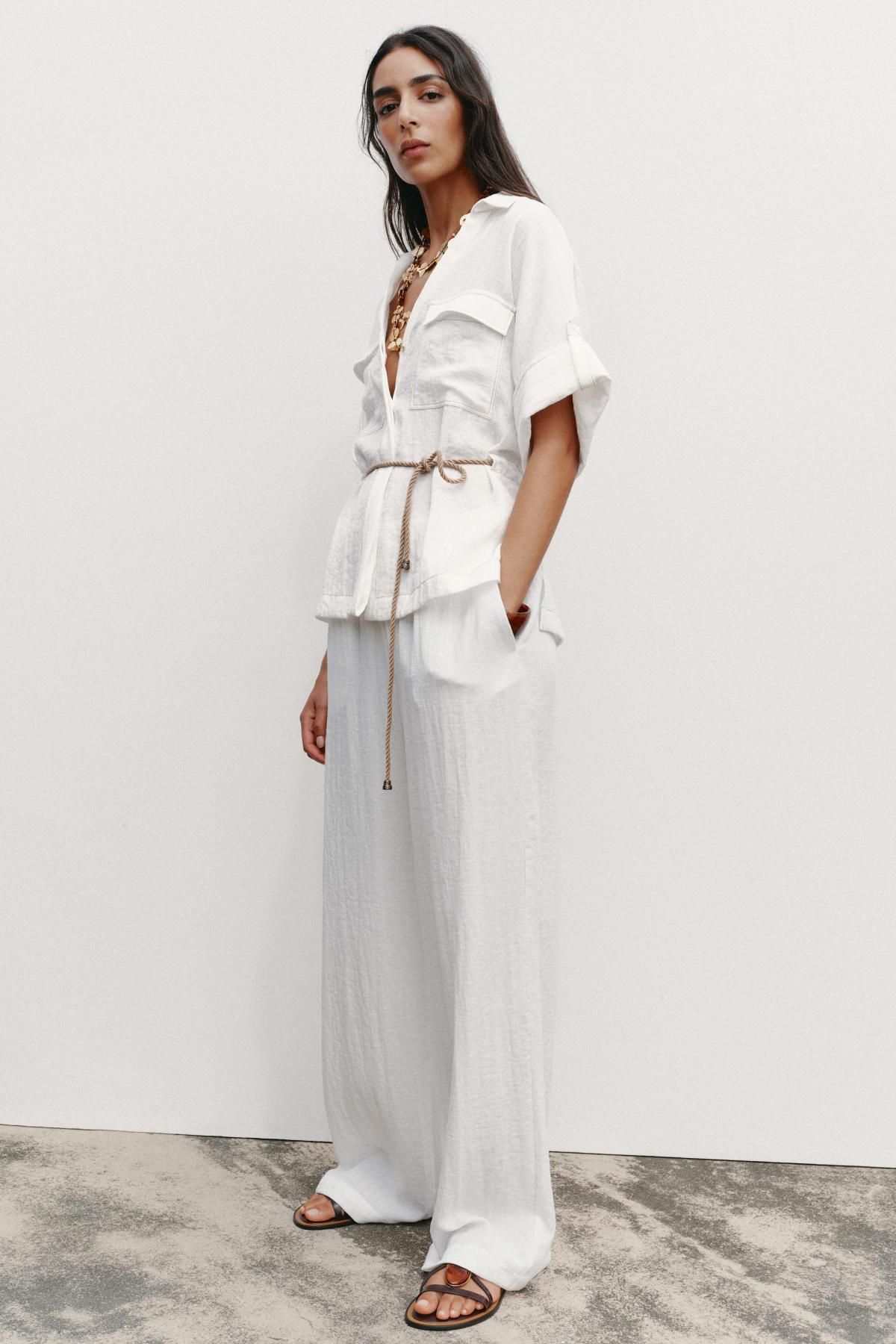 자라 사파리 벨티드 반팔 셔츠 8525/395 OYSTER-WHITE - 상세 이미지 2