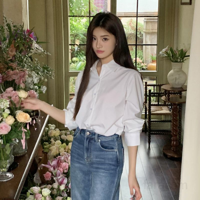 여성 루즈핏 밴드카라 셔츠 베이직 긴팔 블라우스 데일리 출근룩 오피스룩 하객룩 모던 깔끔한 봄 가을 - 상세 이미지 4