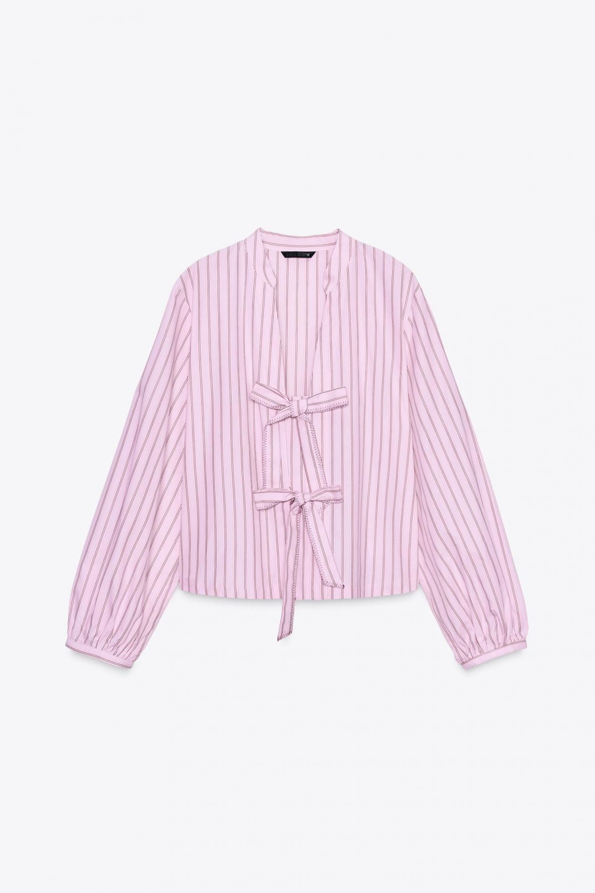 자라 스트라이프 포플린 브이넥 리본 블라우스 1971/160 PINK / WHITE - 상품 이미지