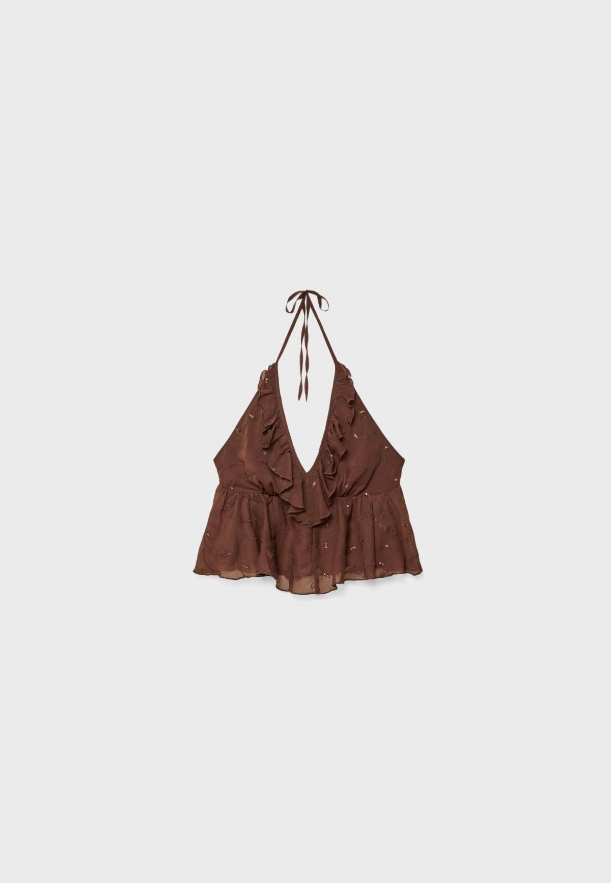 스트라디바리우스 러플 시퀸 홀터넥 민소매 탑 6204/640 BROWN - 상품 이미지