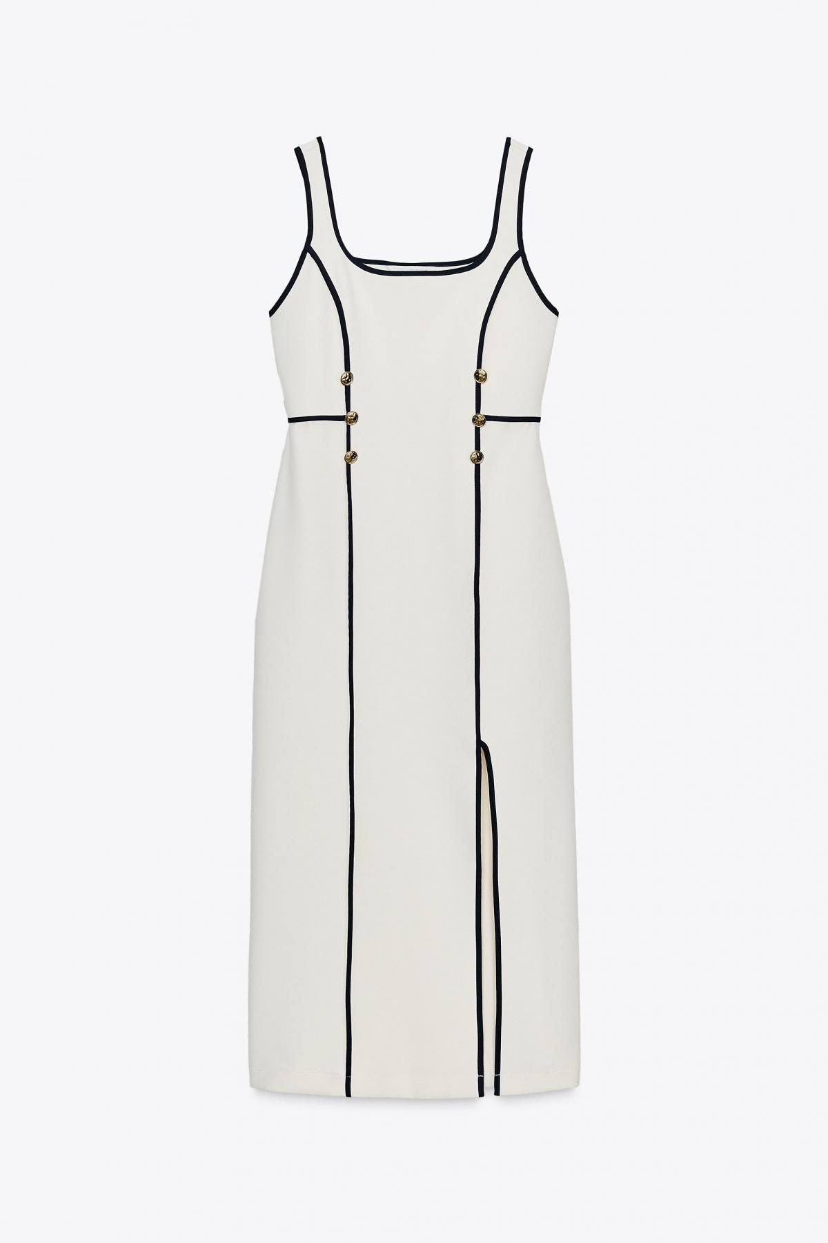 자라 배색 트림 스퀘어넥 미디 원피스 3897/162 LIGHT BEIGE - 메인 이미지