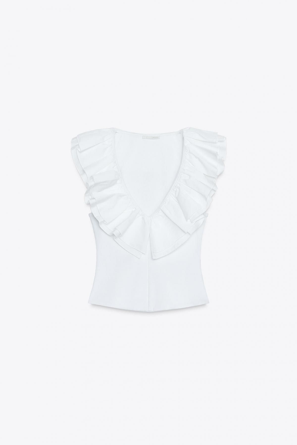 자라 화이트 러플 브이넥 민소매 포플린 탑 3253/810 WHITE - 메인 이미지