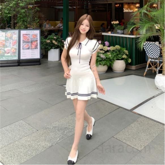 여성 세일러카라 배색 프릴소매 니트 미니 원피스 슬림핏 플레어 A라인 핏예쁜 여름 캐주얼 데이트룩 휴양지룩 바캉스룩 봄 여름 - 메인 이미지