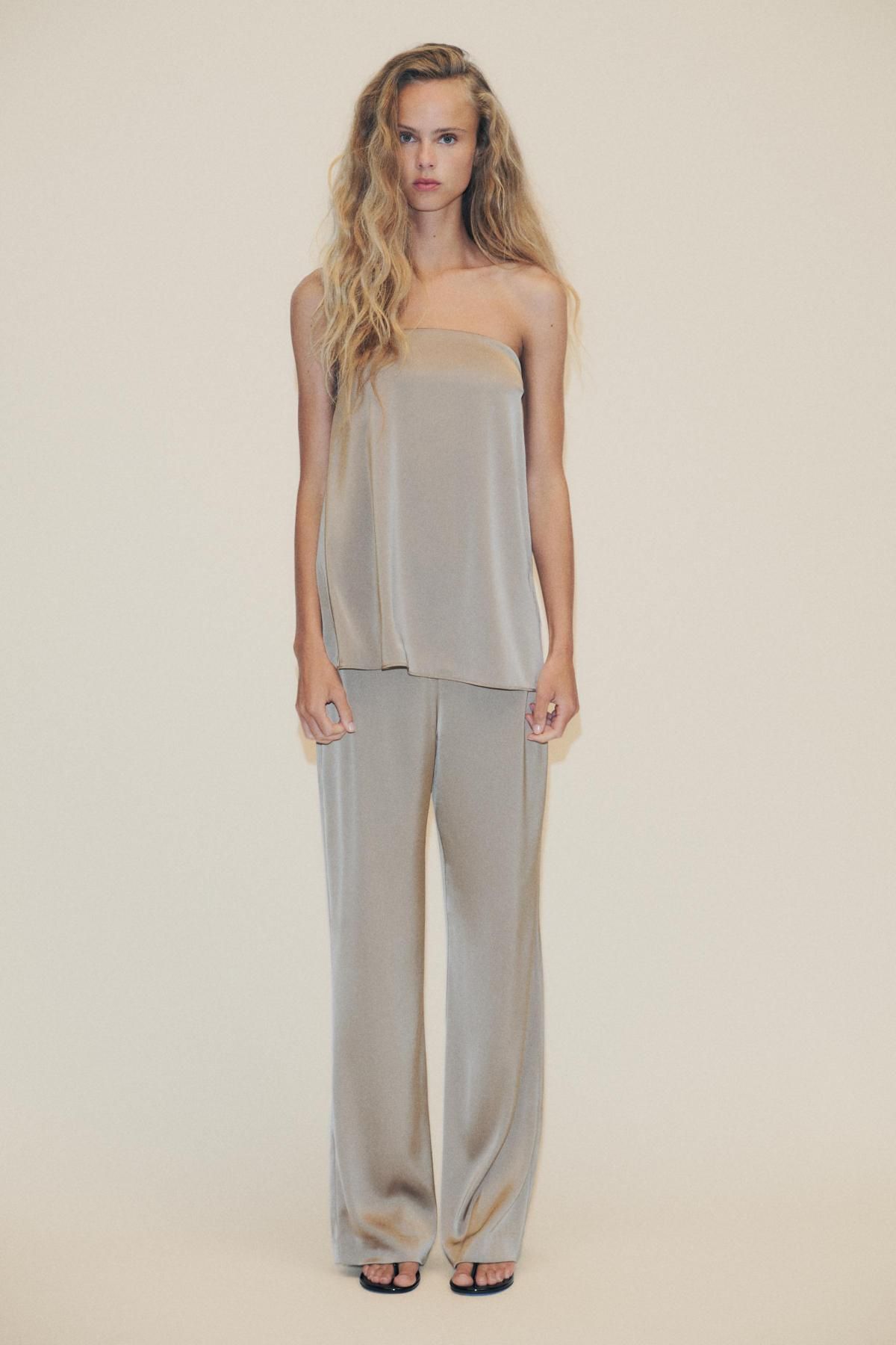 자라 하이웨이스트 새틴 와이드 팬츠 8338/529 BEIGE / GREEN - 상세 이미지 2