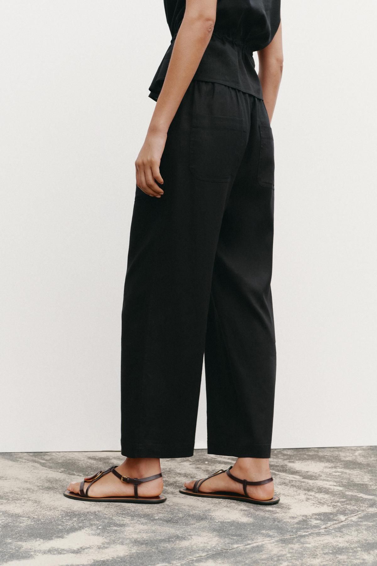 자라 린넨블렌드 비즈 드로스트링 와이드 팬츠 8668/383 BLACK - 상세 이미지 3