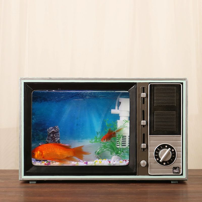 레트로 tv 어항 인테리어 대형 블랙 옛날 키우기 베타 장식 모델 구식 수조 소품 구피 - 상품 이미지