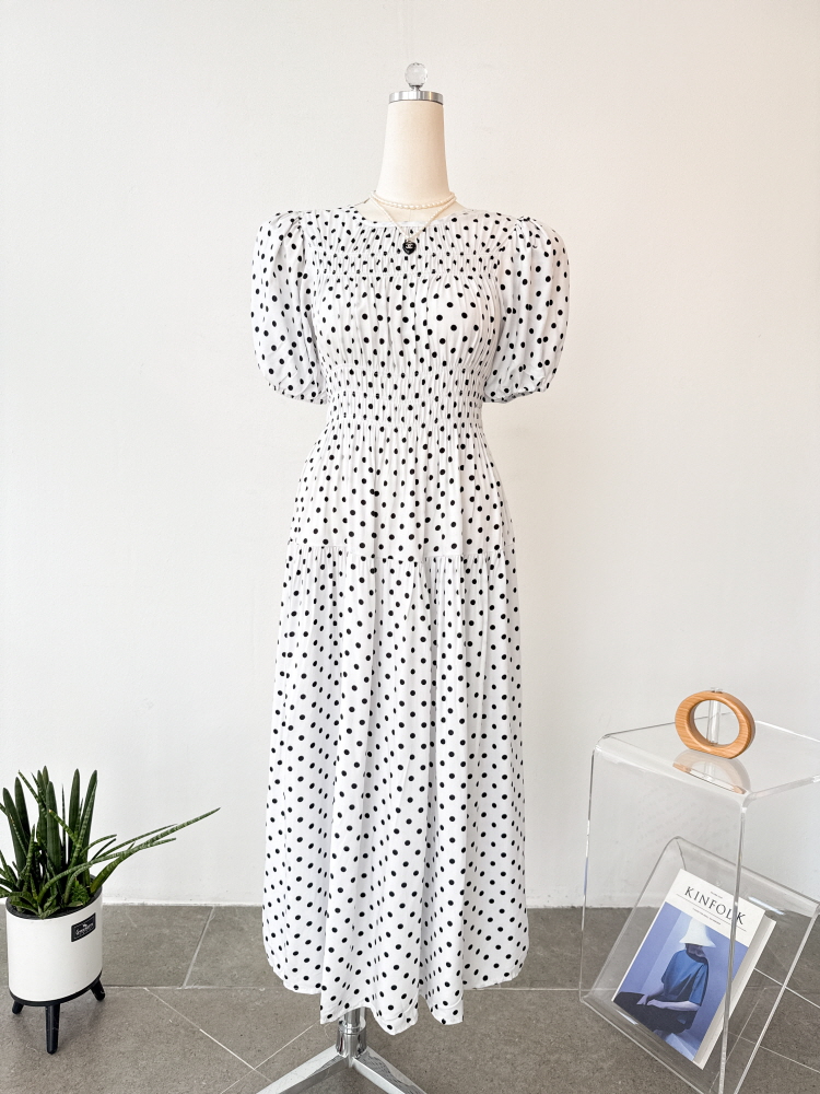 도트 쉬폰 퍼프 두줄 스모크 밴딩 반팔 롱 원피스