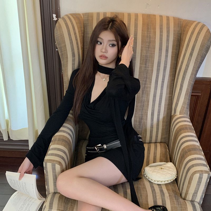 여성 브이넥 엑스라인 긴팔 미니원피스 슬림핏 하이웨이스트 드레이프 데이트 파티룩 봄 가을 - 상세 이미지 2