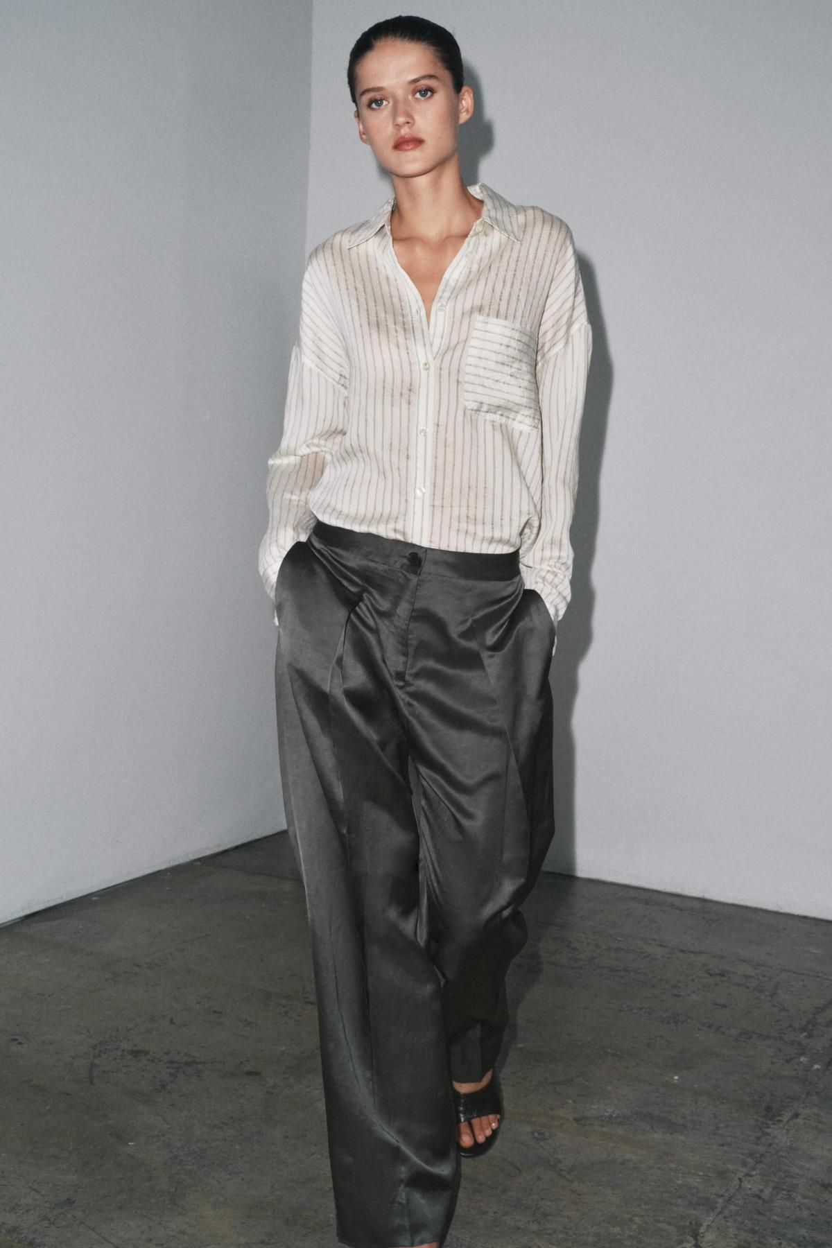 자라 새틴 린넨 블렌드 와이드 팬츠 8059/002 CHARCOAL - 상세 이미지 4