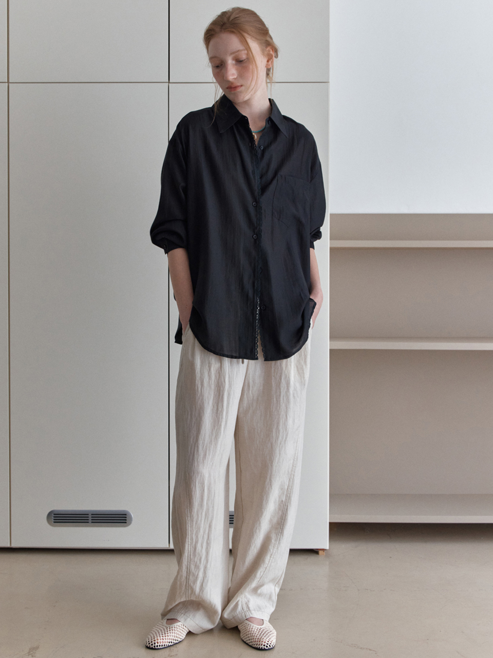 [엘씨브이]  [M-6/1 예약배송][4차] CURVED STITCH WIDE-FIT PANTS_BEIGE 이미지 4