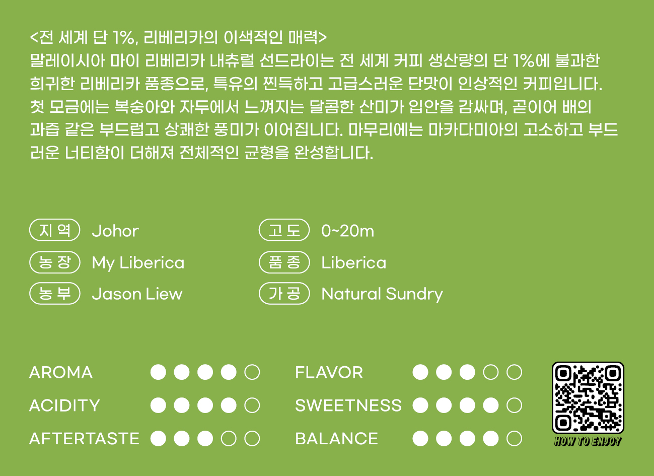싱글 오리진 커피 말레이시아 커피 리베리카 커피 선드라이 커피 180커피로스터스 리뷰