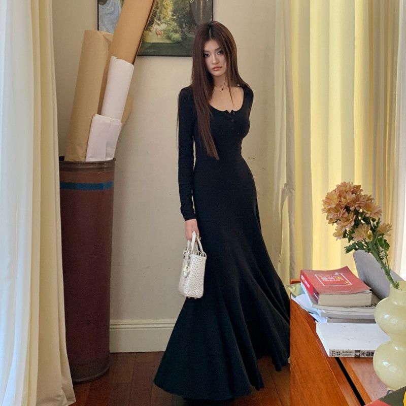 여성 데일리 슬림핏 라운드넥 엑스라인 골지 니트 머메이드 롱 원피스 하객룩 오피스룩 데이트룩 봄 가을