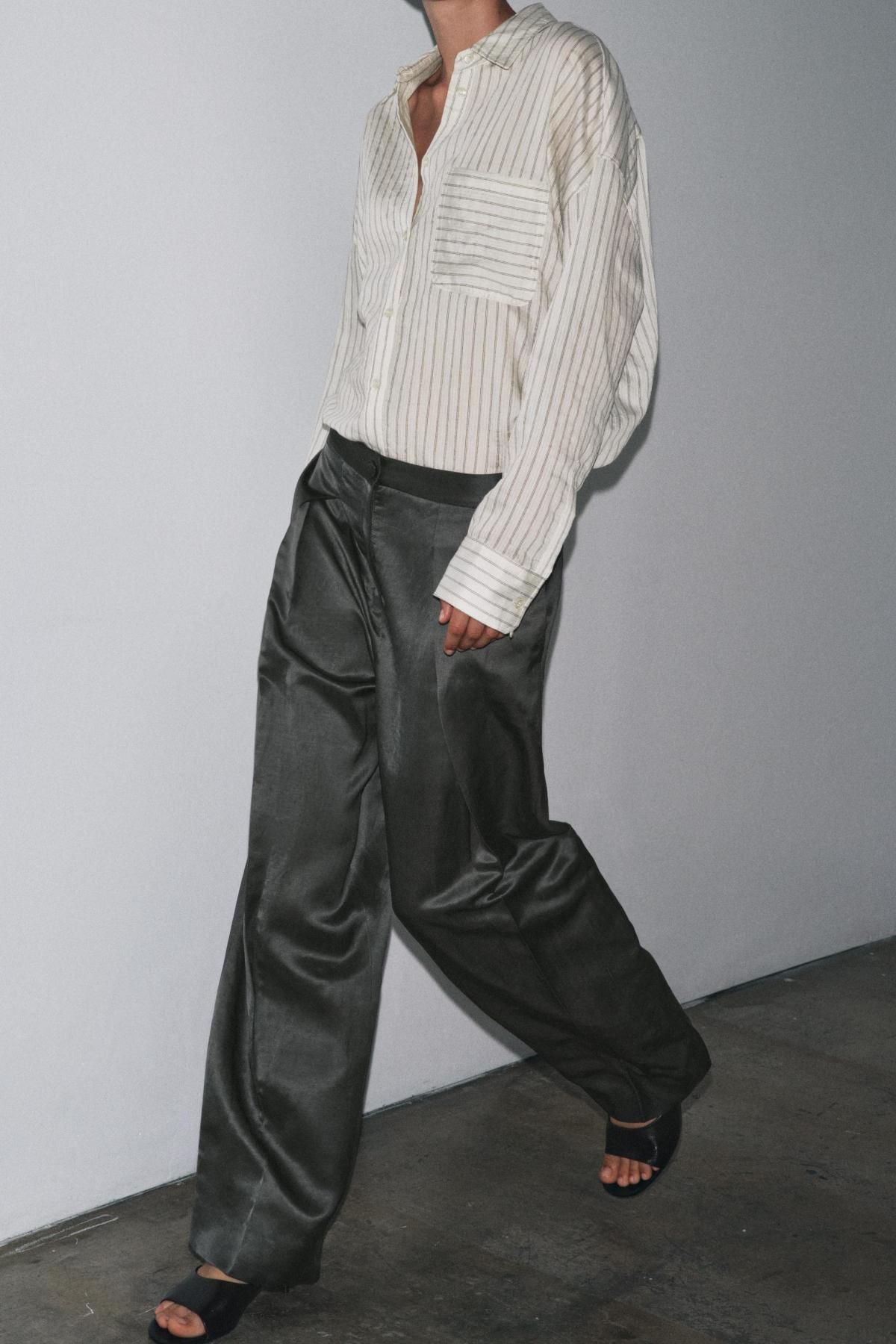 자라 새틴 린넨 블렌드 와이드 팬츠 8059/002 CHARCOAL - 상세 이미지 2