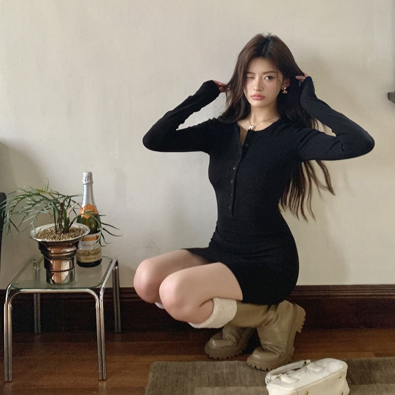 여성 긴팔 라운드넥 스냅단추 모달 면 스판 슬림핏 바디콘 미니원피스 오피스 데일리 베이직 캐주얼 봄 가을 - 상세 이미지 2