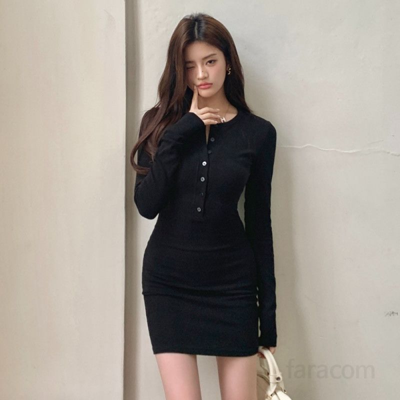 여성 긴팔 라운드넥 스냅단추 모달 면 스판 슬림핏 바디콘 미니원피스 오피스 데일리 베이직 캐주얼 봄 가을 - 상품 이미지