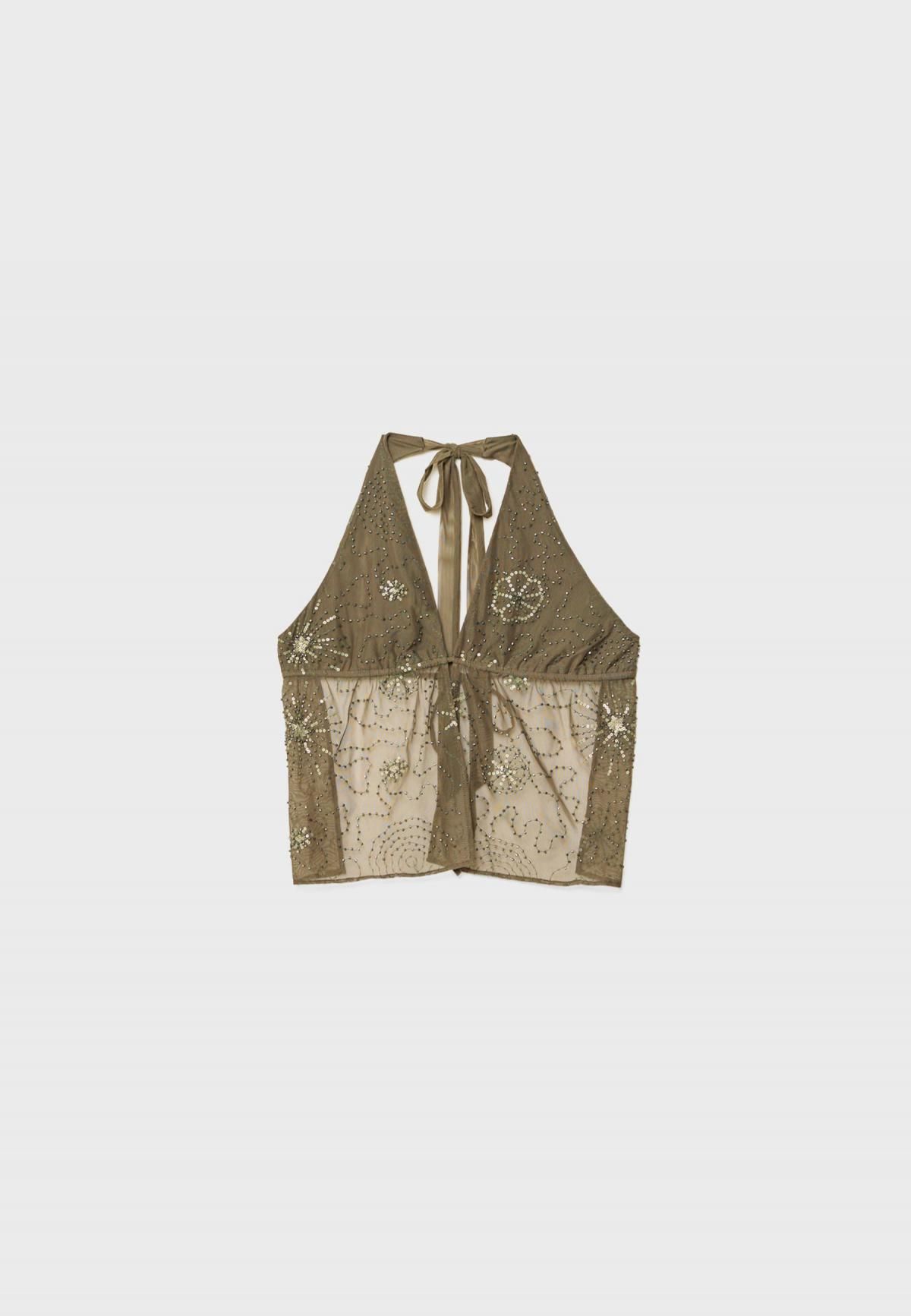 스트라디바리우스 보헤미안 비즈 자수 스트레치 튤 홀터넥 탑 6750/339 KHAKI - 상품 이미지