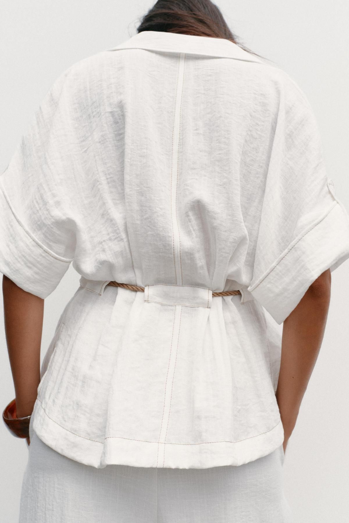 자라 사파리 벨티드 반팔 셔츠 8525/395 OYSTER-WHITE - 상세 이미지 5