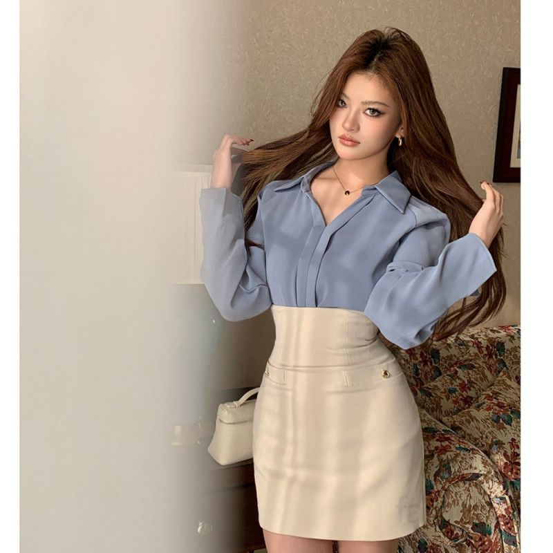 여성 브이넥 긴팔 루즈핏 블라우스 셔츠 오피스룩 하객룩 데일리 만능 베이직 기본 무지 깔끔한 간절기 봄 가을 - 상세 이미지 4
