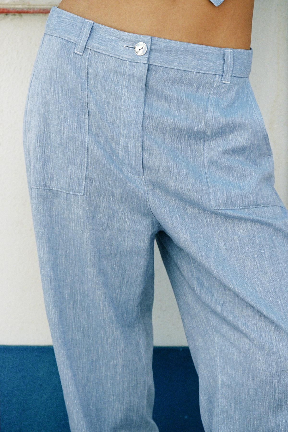 자라 스카이블루 린넨블렌드 하이웨이스트 조거팬츠 8124/753 LIGHT BLUE - 상세 이미지 3