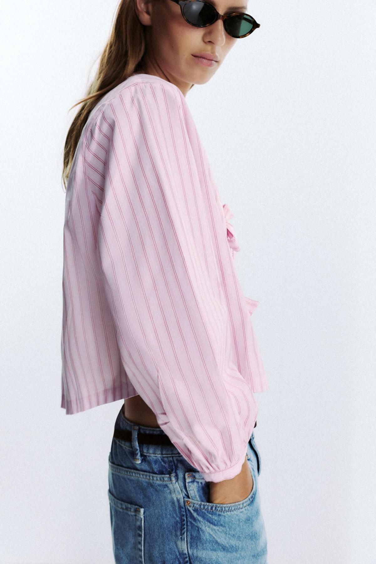 자라 스트라이프 포플린 브이넥 리본 블라우스 1971/160 PINK / WHITE - 상세 이미지 5