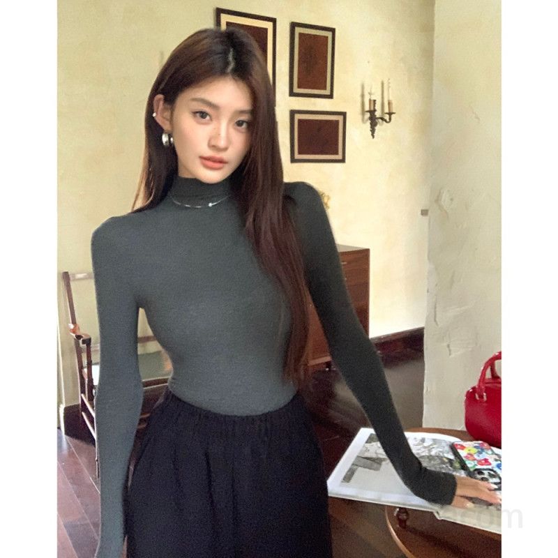 여성 슬림핏 긴팔 모달 스판 골지 하이넥 폴라티 베이직 데일리 오피스룩 이너 웨어 부드러운 신축성 티셔츠 봄 가을 - 상세 이미지 2