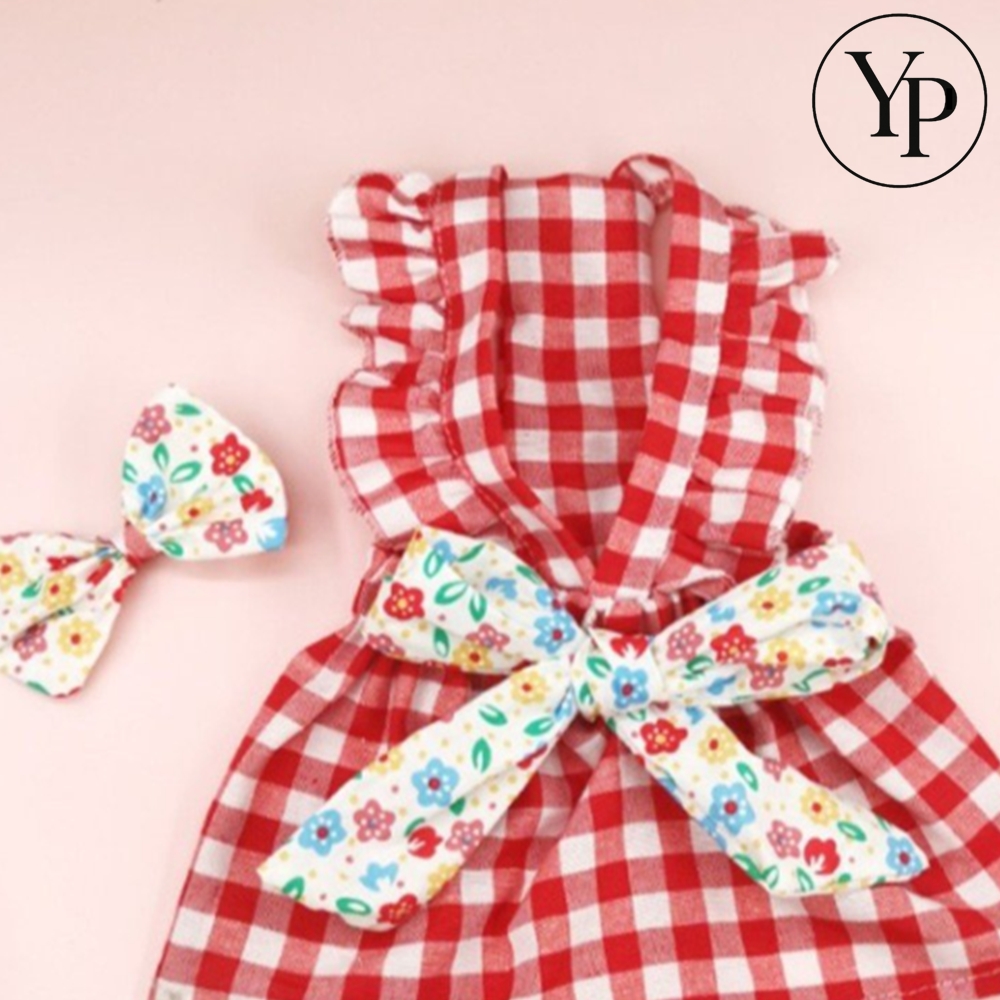 강아지 프릴 원피스 체크무늬 패션 치마 반려동물 드레스 실내목 머리핀 세트
