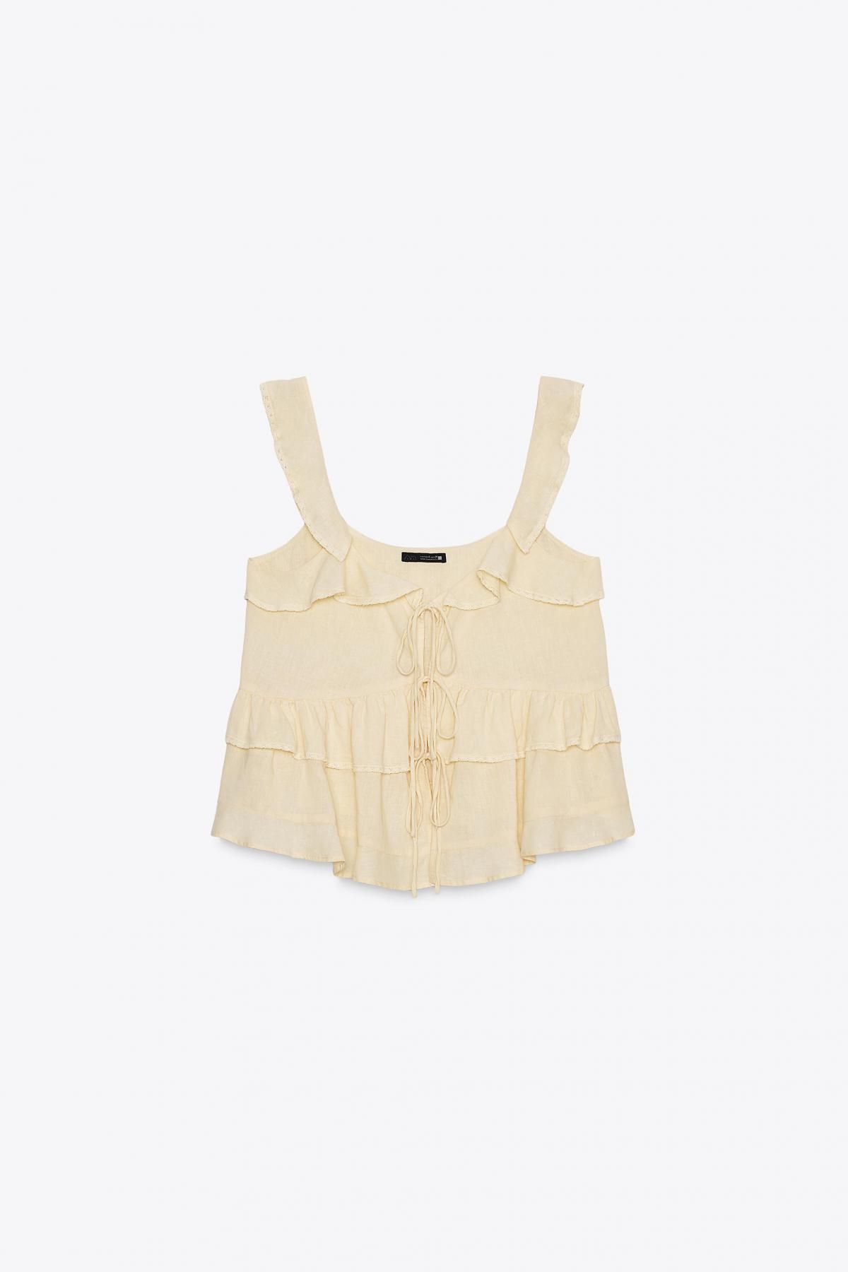 자라 러플 레이스 린넨블렌드 스트랩 탑 8213/738 LIGHT YELLOW - 메인 이미지