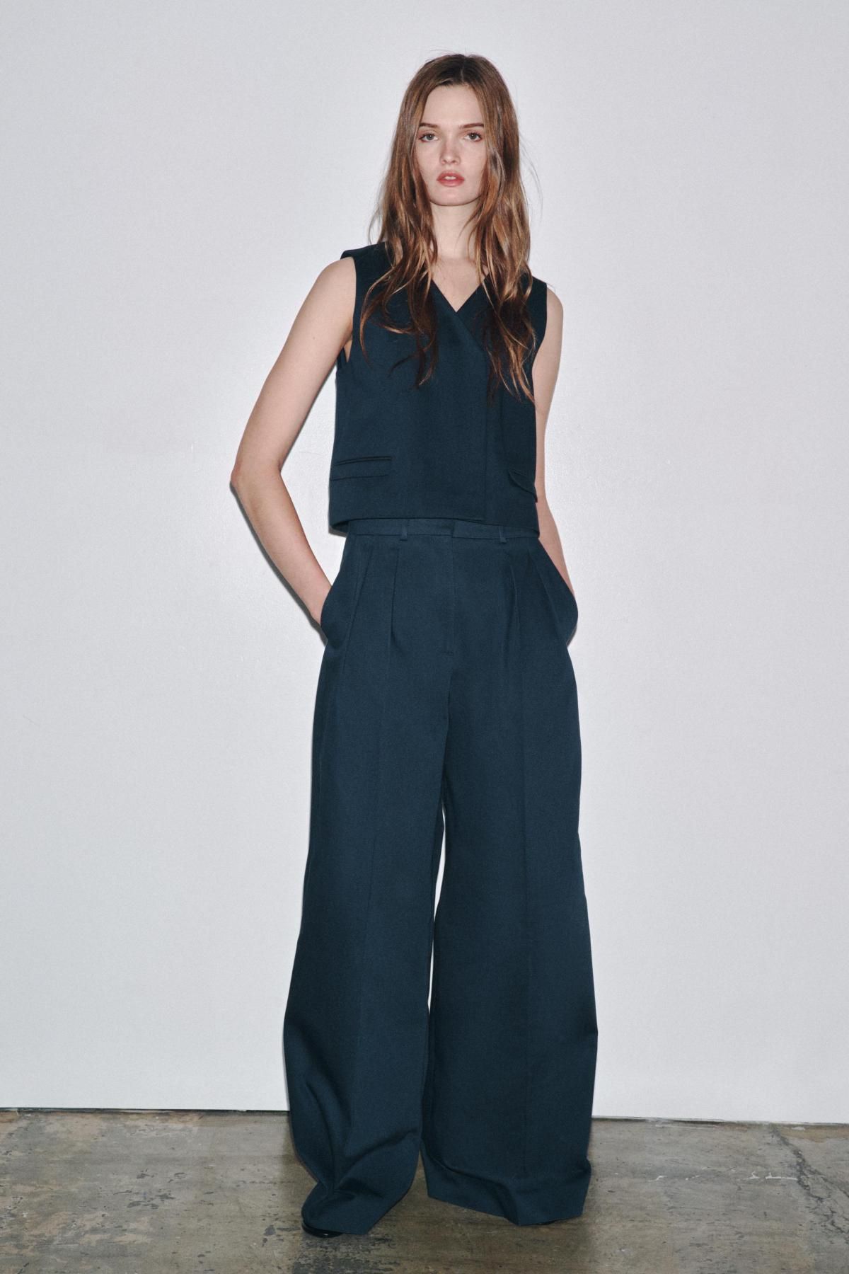 자라 테크니컬 와이드 플리츠 슬랙스 팬츠 2261/457 NAVY BLUE - 상세 이미지 4