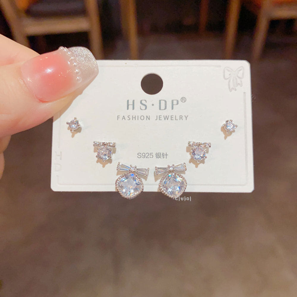 리본 큐빅 스터드 14K 귀걸이 세트 데일리 심플 레이어드 이어링 이미지 6