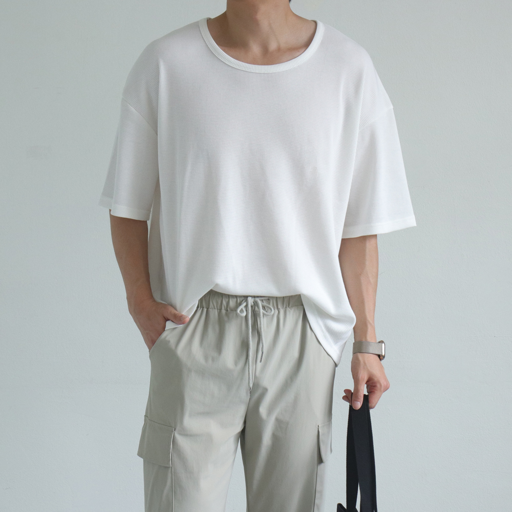 남자 반팔티 구김없는 오버핏 유넥 U넥 와플 반팔티 - 상품 이미지