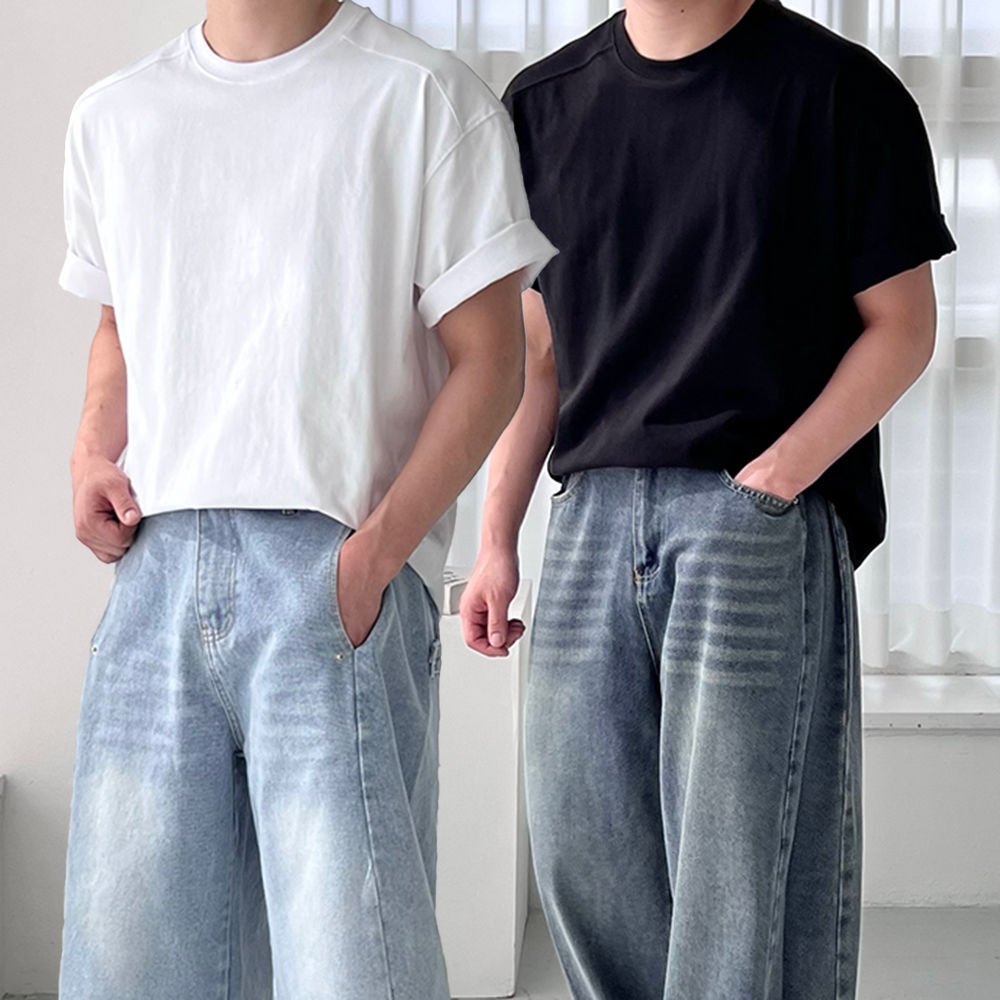 1+1 절개반팔티 두꺼운반팔 흰색면티 어깨넓어보이는반팔 - 상품 이미지