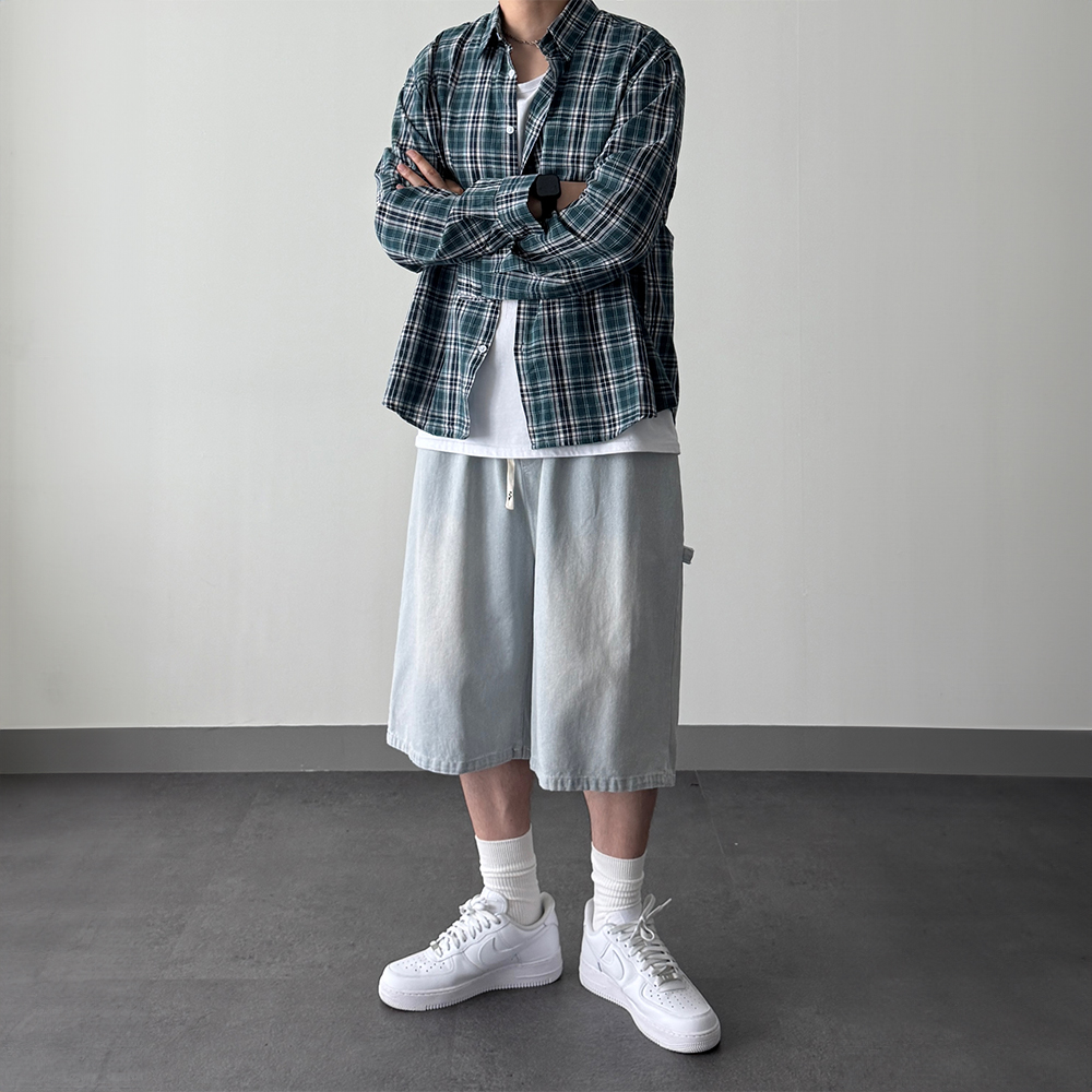 오버핏 남자체크셔츠 플란넬 시스루 여름 긴팔 남방 바캉스룩 - 상세 이미지 4