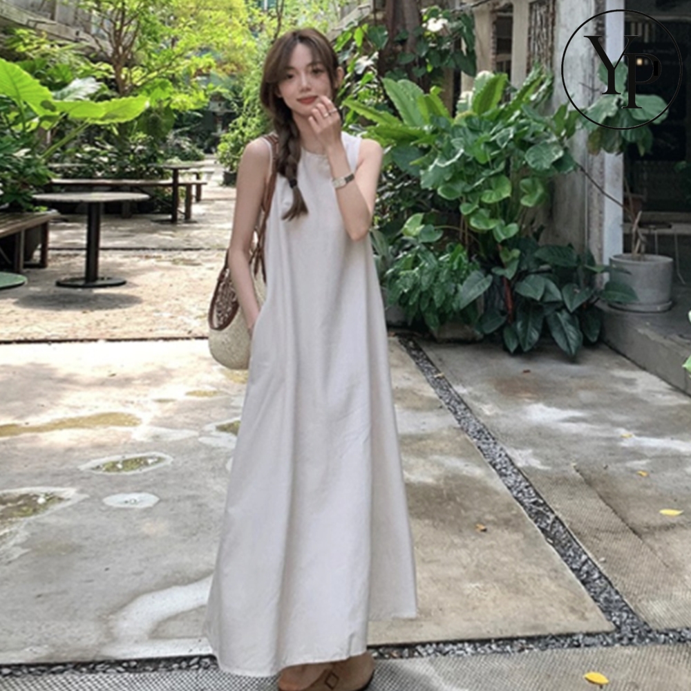린넨 나시 롱 원피스 임산부 베이직 데일리 캐주얼 백트임 루즈핏 여름 휴양지룩
