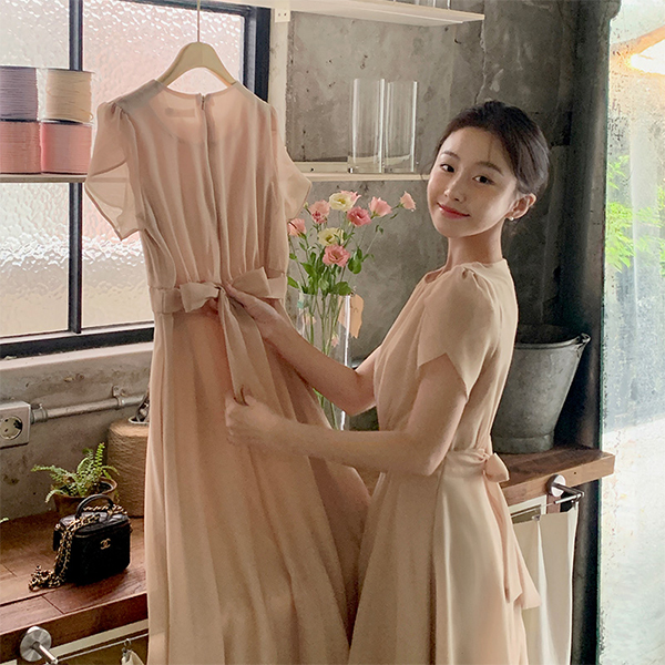 엘로나 2기장 반팔 튤립 소매 플레어 원피스 op16142