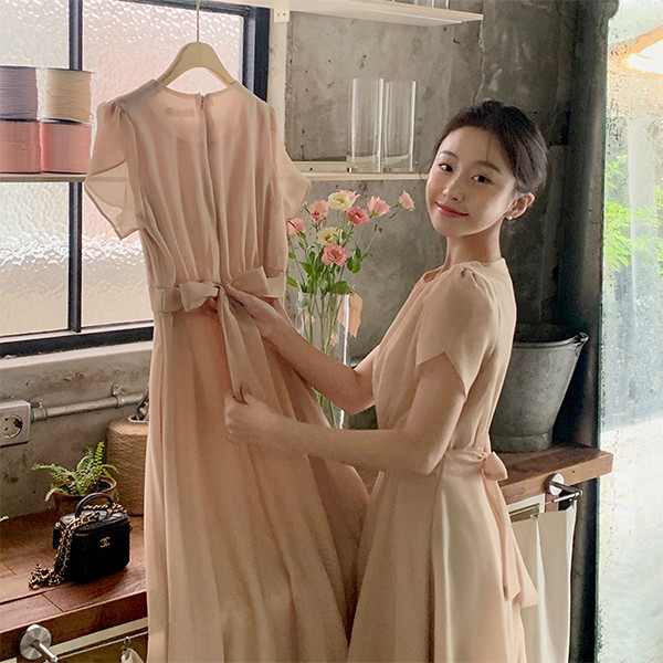 엘로나 2기장 반팔 튤립 소매 플레어 원피스 op16142