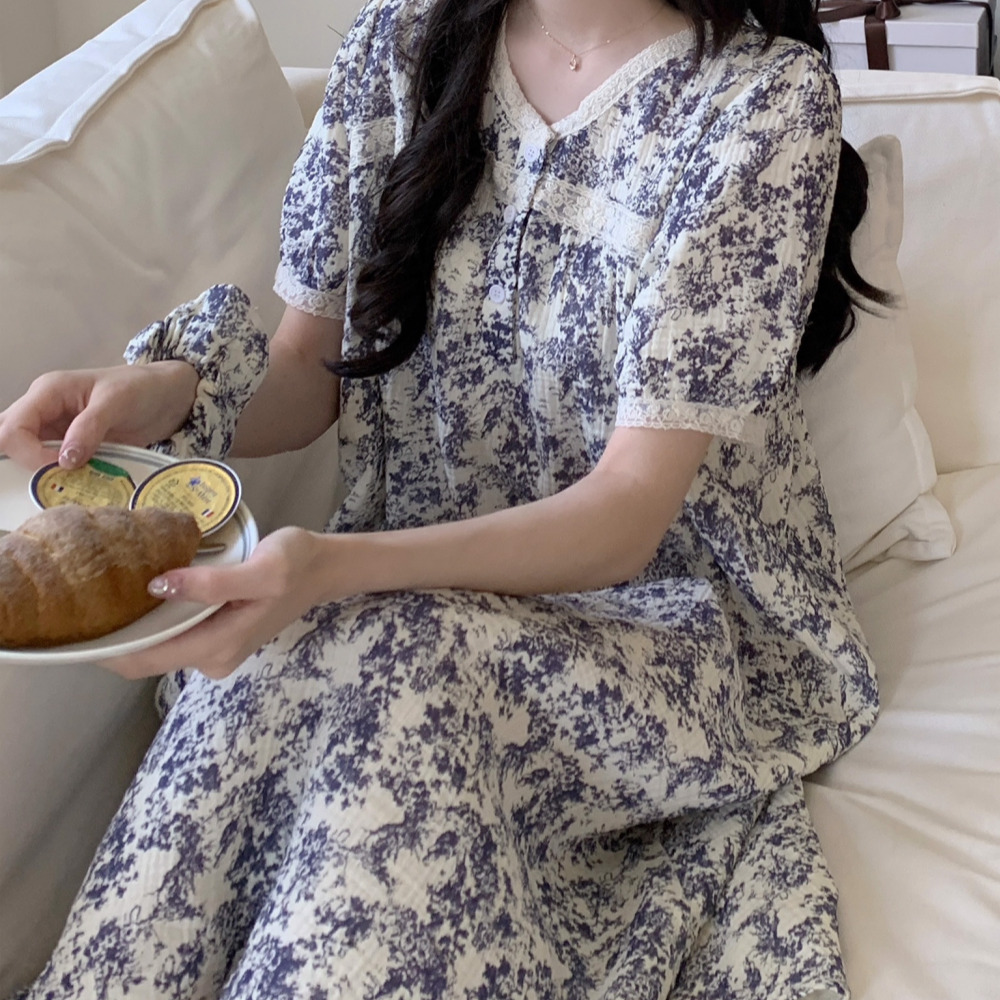 요루면잠옷 여름원피스잠옷 실내복 뜨왈 순면 반팔 홈웨어 - 상세 이미지 4