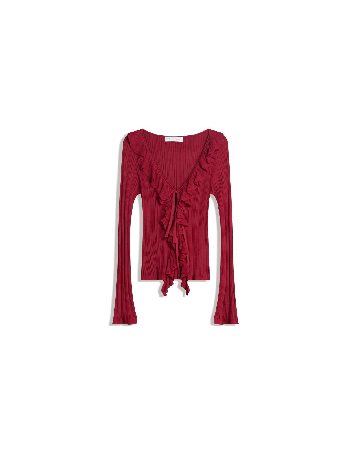 버쉬카 러플 리본 브이넥 롱슬리브 가디건 6988/693 BURGUNDY - 메인 이미지