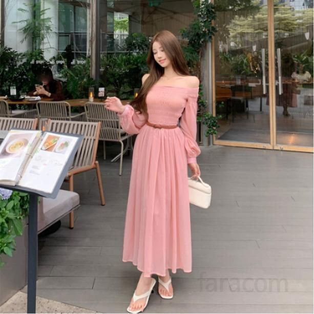 여성 투웨이 오프숄더 밴딩 셔링 A라인 롱 원피스 플리츠 긴팔 프렌치룩 하객룩 바캉스룩 봄 여름 - 상품 이미지