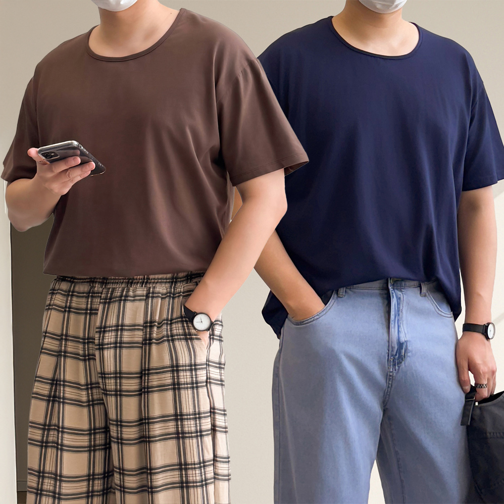 1+1 무지티 남자 유넥 쿨 오버핏 모달 반팔 티셔츠 - 상품 이미지