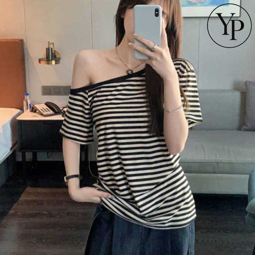오프숄더 반팔 티셔츠 빅사이즈 오버핏 슬림핏 스트라이프 휴양지 데일리 코디 패션 - 메인 이미지