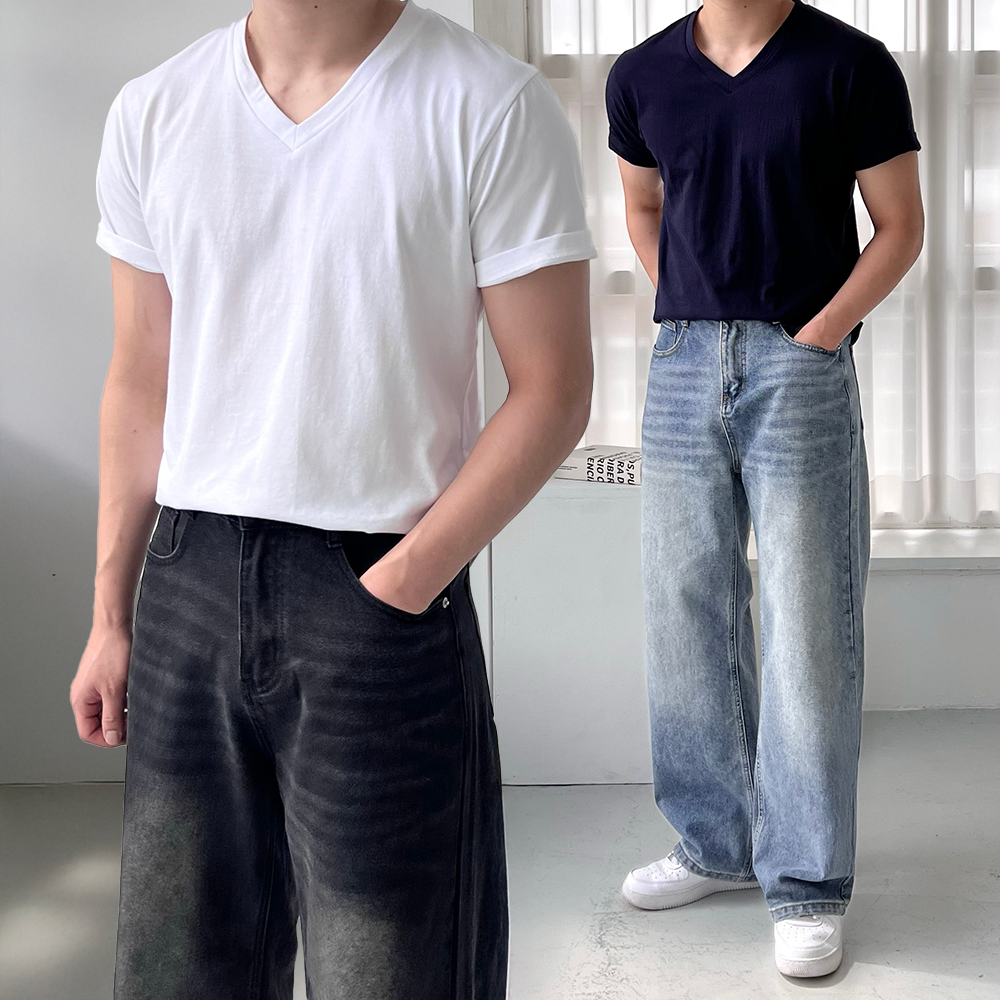 1+1 남자브이넥반팔티 무지티셔츠 20수반팔 흰색면티 - 상품 이미지