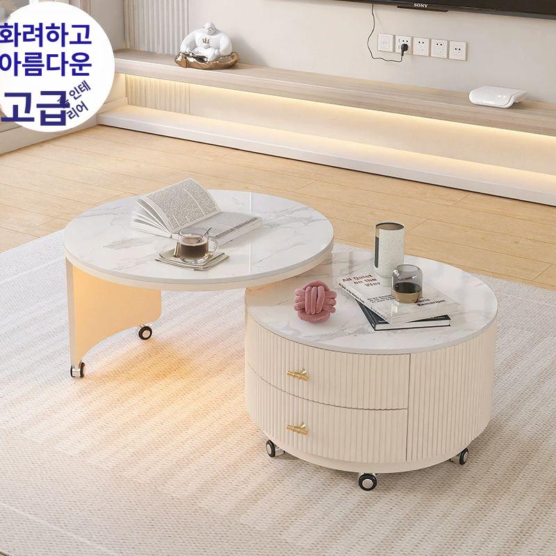 리프트업 테이블 쇼파 높은 템바보드 타원형 높이조절 서랍장 그레이 커피 테이블 광택판50+60 - 상세 이미지 4
