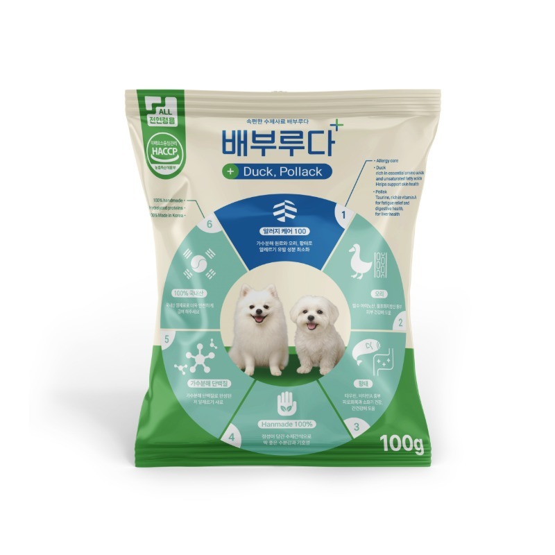 배부루다 수제 강아지 사료 프리미엄 가수분해 알러지 피부 눈 오리+황태, 100g, 1개