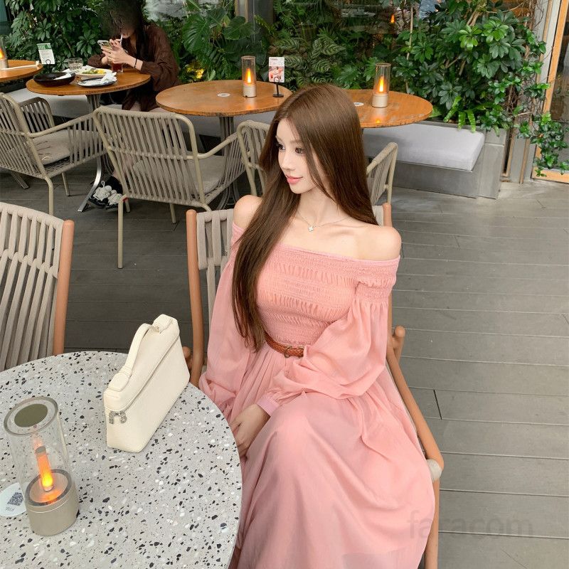 여성 투웨이 오프숄더 밴딩 셔링 A라인 롱 원피스 플리츠 긴팔 프렌치룩 하객룩 바캉스룩 봄 여름 - 상세 이미지 5