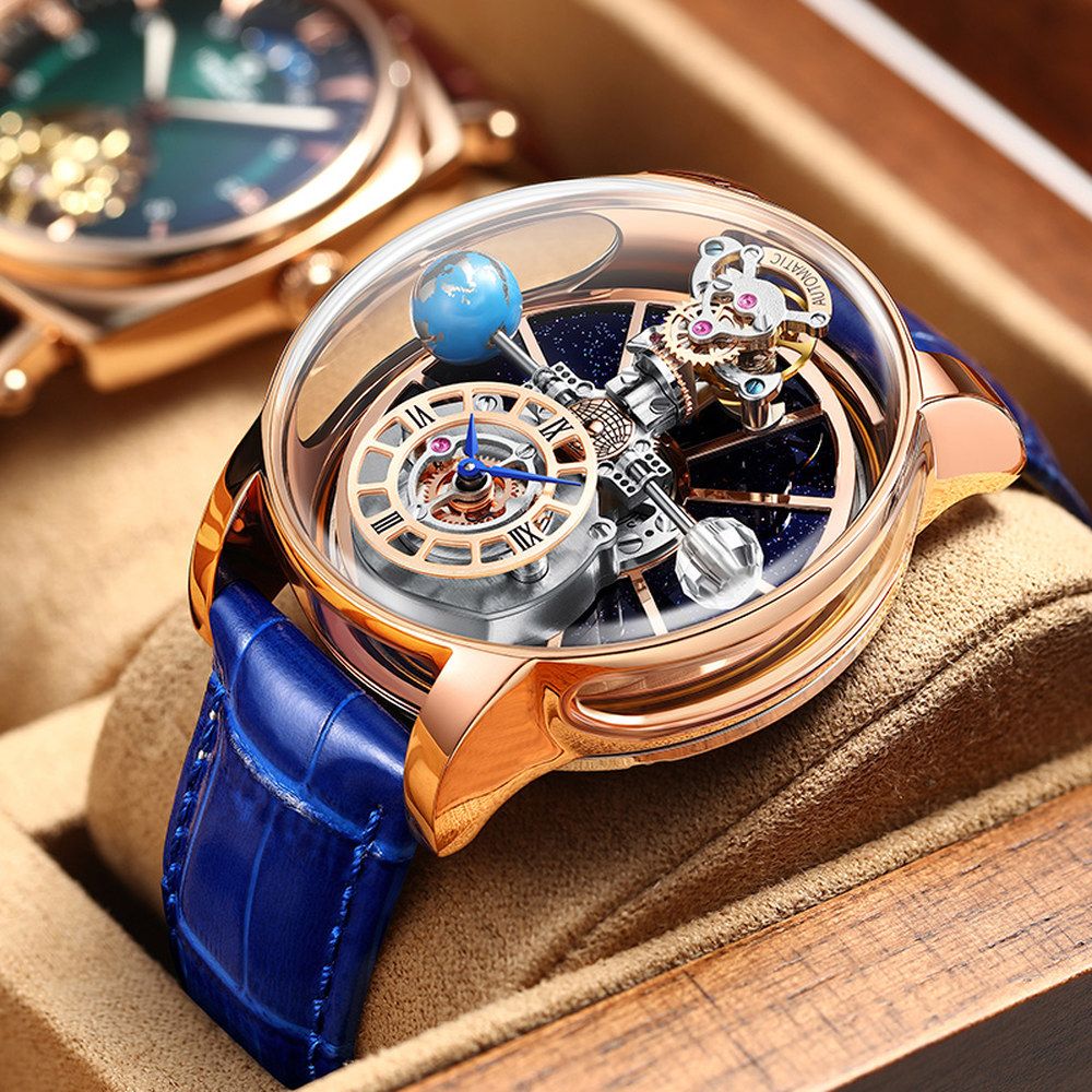 로밍 PINDU 시계 비즈니스 기계 A. 롱 통주 로즈 골드 쉘 블루 벨트, A. 46mm - 상품 이미지