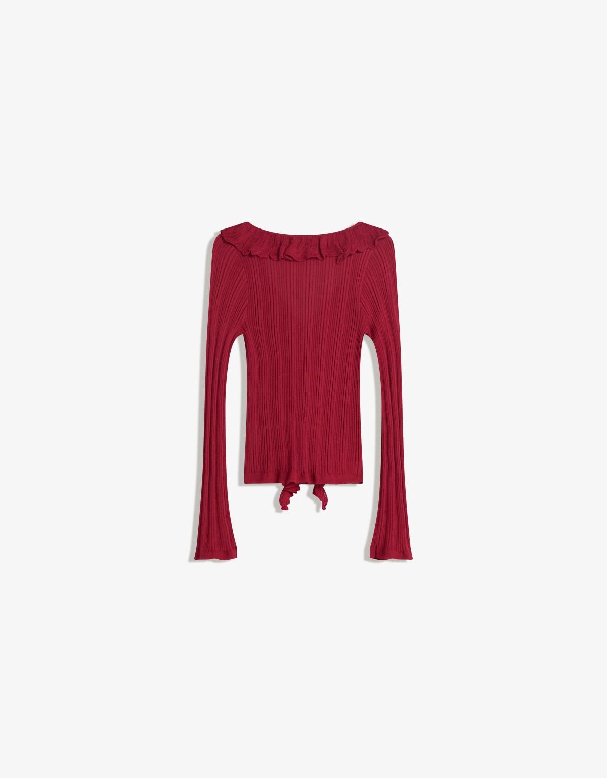 버쉬카 러플 리본 브이넥 롱슬리브 가디건 6988/693 BURGUNDY - 상세 이미지 4